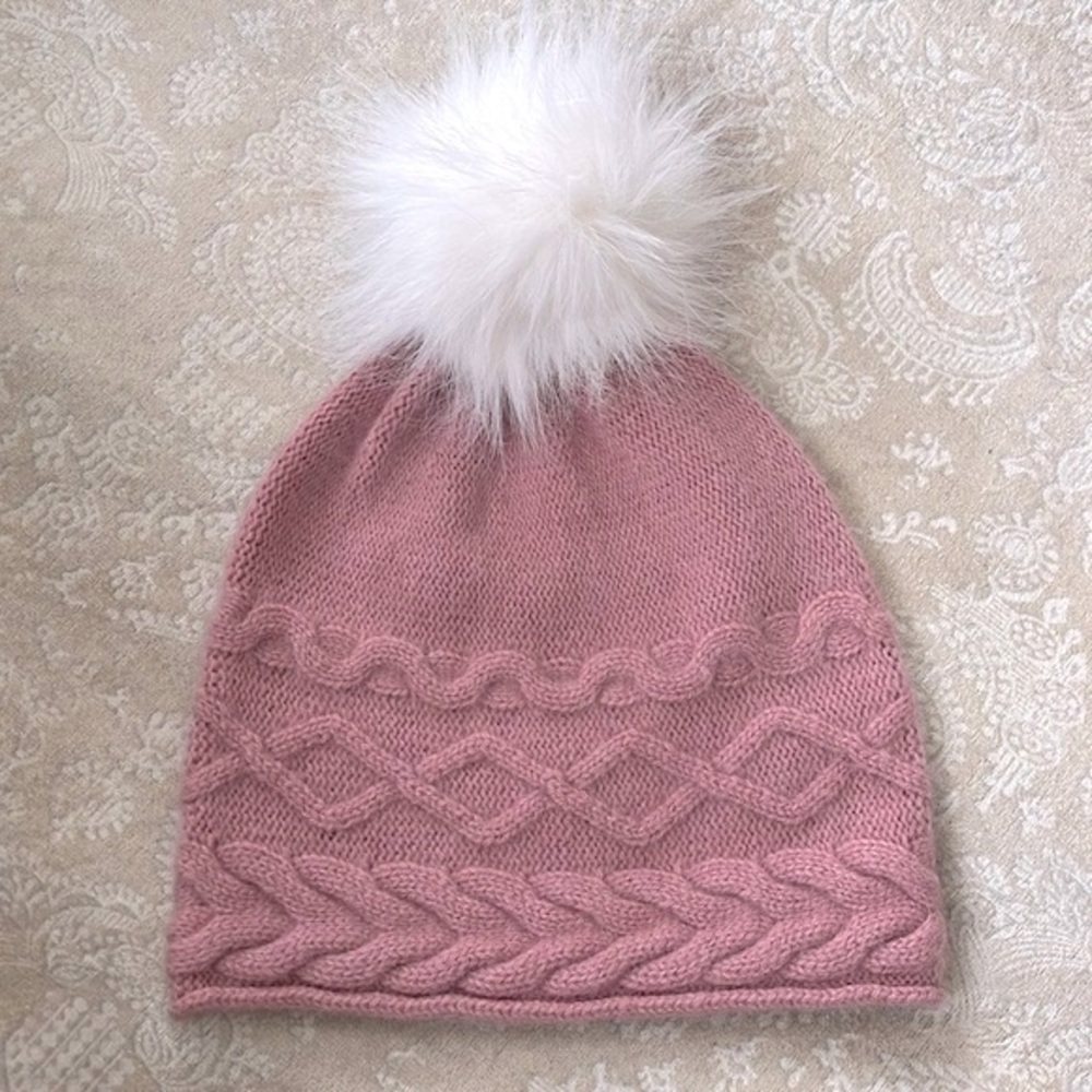 NWOT White Pine 100% Cashmere Mauve Pink Knit Beanie Hat w/ Faux Fur White Pom